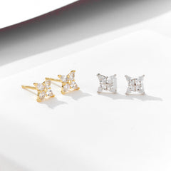 Marquise Shape Zircon Four Leaf Clover Silver Stud Earrings