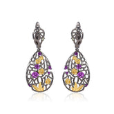 Vintage Elegant Style Inlaid Natural Colourful Gemstones Rose Garden Sterling Silver Drop Earrings for Women