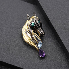 Italian Craft Design Brooch Pendant Dual-use Natural Colourful Gemstone Horse Pendant Silver Necklace for Women
