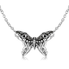 Double Snake Butterfly Pendant Silver Necklace