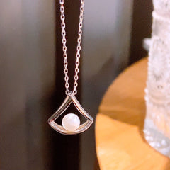Natural Freshwater Pearl Hollow Fan Pendant Silver Necklace for Women