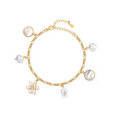 White Daffodil Mother of Pearl and Round Pearl Sterling Silver Bracelet