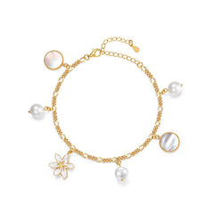 White Daffodil Mother of Pearl and Round Pearl Sterling Silver Bracelet