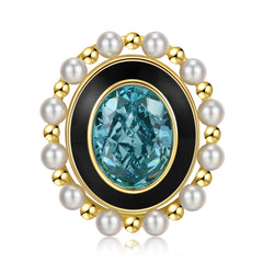 Lake Blue Oval Zircon with Pearl Halo Sterling Silver Necklace