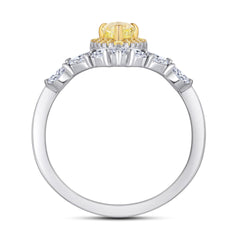 Pear Drop Yellow Zircon with Soleste Halo V-shape Silver Ring