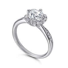 Round Zircon Flower Four Prongs Silver Ring