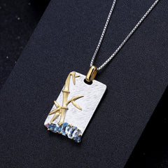 Chinese Style Inlaid Natural Colourful Gemstone Bamboo Rectangle Pendant Sterling Silver Necklace for Women