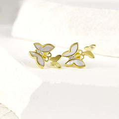 Double Butterfly Mother-of-pearl and Zircon Silver Studs Earrings for Women