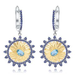 Italian High Sense Design Inlaid Colourful Gemstone Sunflower Silver Drop Earrings for Women
