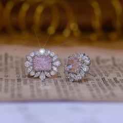 Petals Halo Rectangle Pink Zircon Stud Earrings