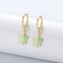 Enamel Glazed Green Turtle Silver Drop Earrings for Women