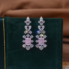 Rectangular Pink Zircon Flower Tassel Drop Earrings