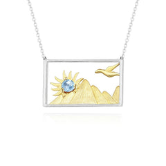 Fashion Design Inlaid Natural Colorful Gemstone Sunrise and Sunset Rectangle Pendant Silver Necklace for Women