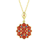 Lotus Pattern Series Red and Blue Zircon Red Lotus Pendant Silver Necklace for Women