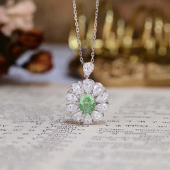 Flower Halo Oval Cut Green Zircon Silver Necklace