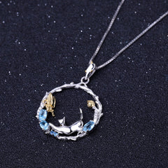 National Style Animal Design Natural Topaz Cat and Butterfly Pendant Silver Necklace for Women