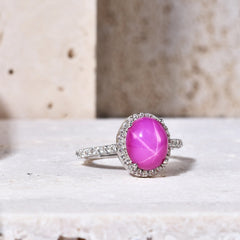 Luxury Six Ray Star Inlaid Red and Sapphire Oval Shape Jewelry S925 Silver Ring for Women