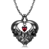Halloween Double Sided Skull Heart Shape Pendant Red Zircon Silver Necklace