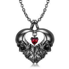 Halloween Double Sided Skull Heart Shape Pendant Red Zircon Silver Necklace