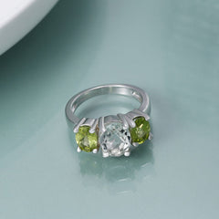 Natural Green Crystal Three Stones Silver Ring for Women