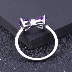 European Vintage Design Inlaid Natural Amethyst Love Bowknot Silver Ring for Women