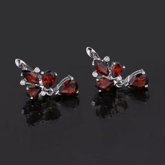 European Natural Garnet Creative Clover Design Silver Drop Earrings for Women