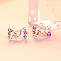 Colourful Zircon Bow Silver Studs Earrings for Women