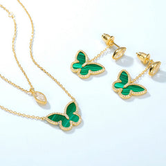Marquise Shape Zircon Malachite Butterfly Double Layer Sterling Silver Necklace