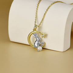 Moon Star Bunny with Freshwater Pearl Pendant Silver Necklace for Women