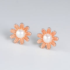 Freshwater Pearl Rose Gold Colour Flower Silver Stud Earrings for Women
