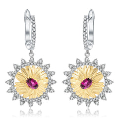 Italian High Sense Design Inlaid Colourful Gemstone Sunflower Silver Drop Earrings for Women