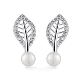 Hollow Zircon Leaf with Freshwater Pearl Silver Stud Earrings for Women