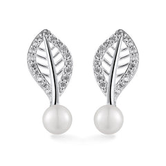 Hollow Zircon Leaf with Freshwater Pearl Silver Stud Earrings for Women