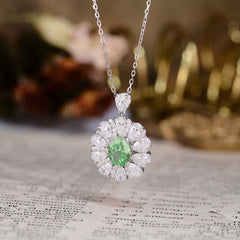 Flower Halo Oval Cut Green Zircon Silver Necklace