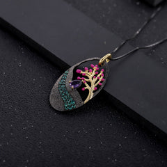 Italian Crafts Design Inlaid Natural Colourful Gemstone Enamel Tree of Life Pendant Sterling Silver Necklace for Women