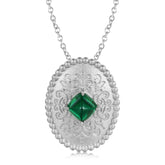 Sandblasting Retro Pattern Oval Pendant Square Green Zircon Silver Necklace
