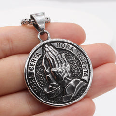 Prayer Hand Round Titanium Steel Pendant for Men