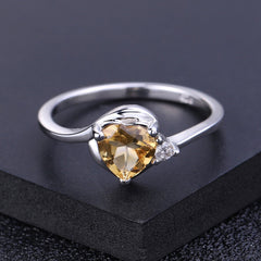 Natural Yellow Crystal Fashion Heart-shaped Silver Ring for Women