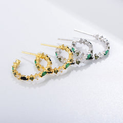 Colourful Zircon C-shaped Round Silver Studs Earrings for Women