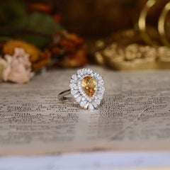 Luxury Halo Pear Drop Natural Yellow Crystal Ring