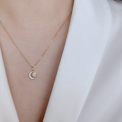 Crescent Moon with Round Zircon Pendant Silver Necklace for Women