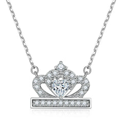 Princess Crown with Heart Zircon Silver Pendant Necklace for Women