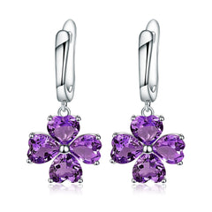 Natural Colourful Gemstone Clover Shape Silver Drop Earrings for Women