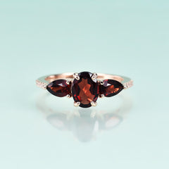 Pear Shape and Oval Shape Natural Garnet Rose Gold Silver Ring