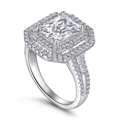 Rectangle Zircon Double Soleste Halo Silver Ring for