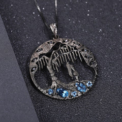 Dark Retro Style Inlaid Natural Colourful Gemstone Forest Circle Pendant Silver Necklace Pendant for Women