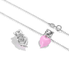 Bear with Pink Melt Heart Silver Necklace