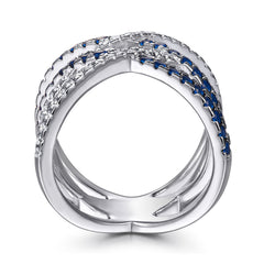 Double X-shape with Blue Zircon Silver Ring for Women