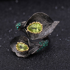 Lily Flower Natural Gemstones Opening Silver Ring