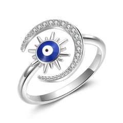 Round Blue Devil's Eye Star Moon Zircon Opening Sterling Silver Ring
